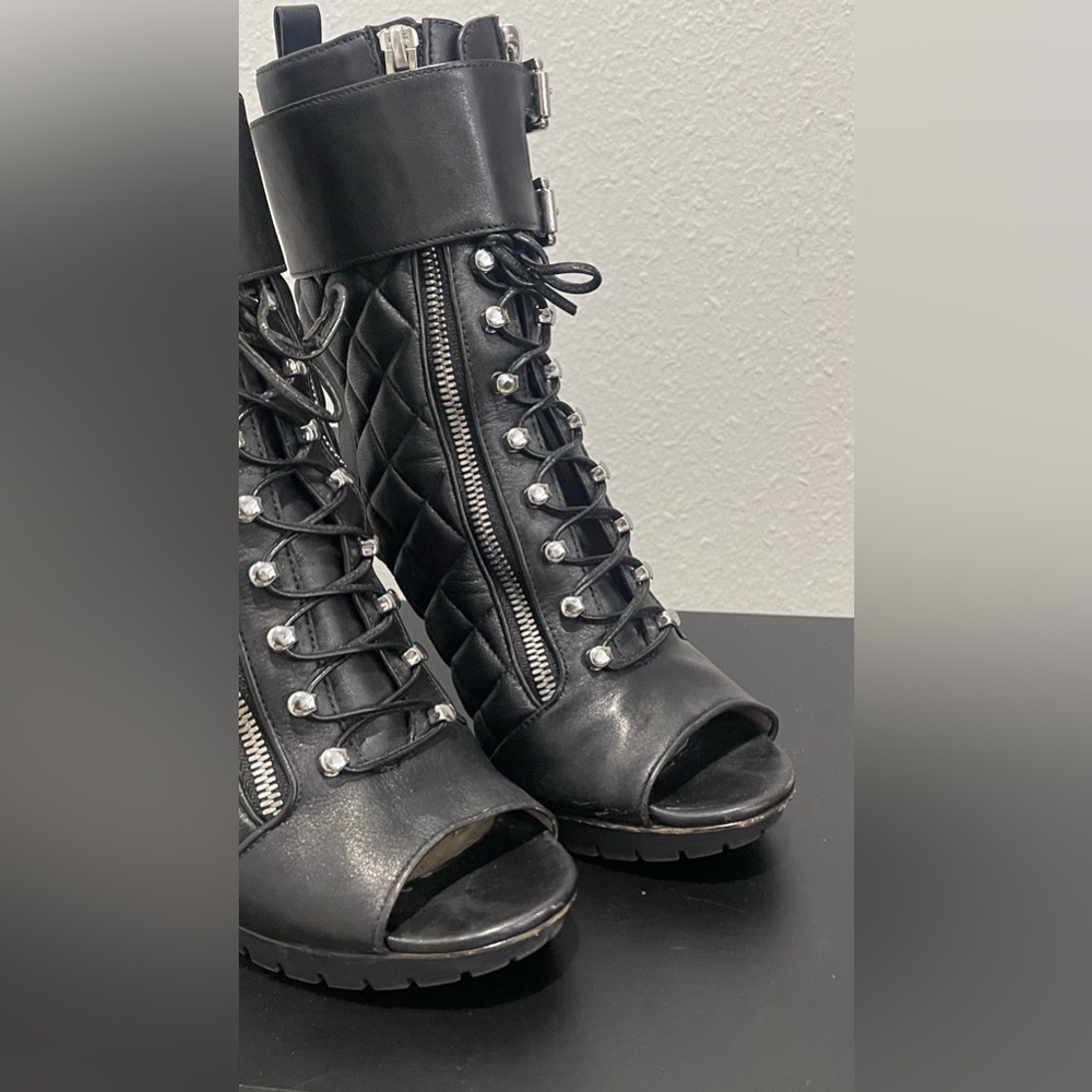 Michael Kors Black Quilted Lace Up Zip Stiletto Bootie Boots - Picture 4 of 15